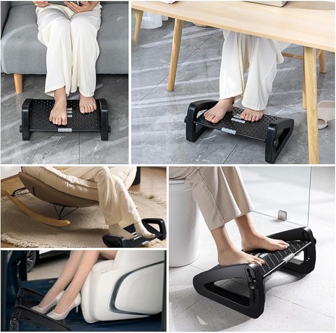 Foot Rest for Under Desk at Work - Six Heights Adjustable Under Desk Footrest - Ergonomic Foot Stools for Under Office Desks - Desks Foot Rest with Massage Rollers - Leg Rest for Chair (Black)