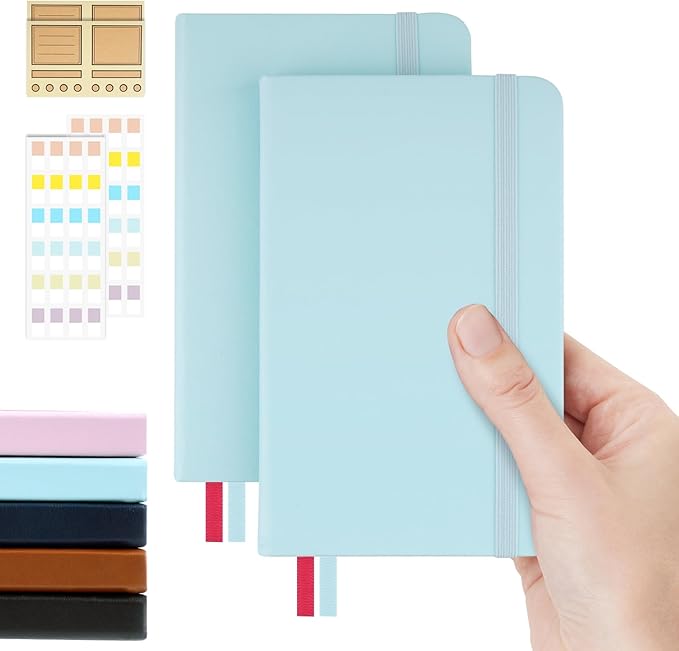 Pocket Dotted Notebook, 2-Pack Dot Grid Notebook, Dotted Journal with Stickers, 3.5" x 5.5" Hardcover, Small Mini A6 size, 160 Pages, 100 gsm Thick Paper, Sky Blue