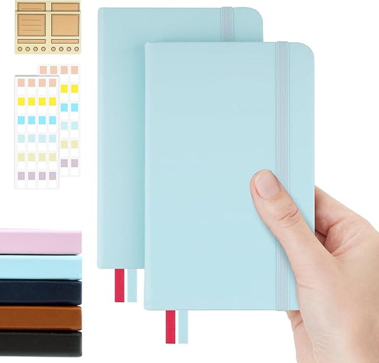 Pocket Dotted Notebook, 2-Pack Dot Grid Notebook, Dotted Journal with Stickers, 3.5" x 5.5" Hardcover, Small Mini A6 size, 160 Pages, 100 gsm Thick Paper, Sky Blue