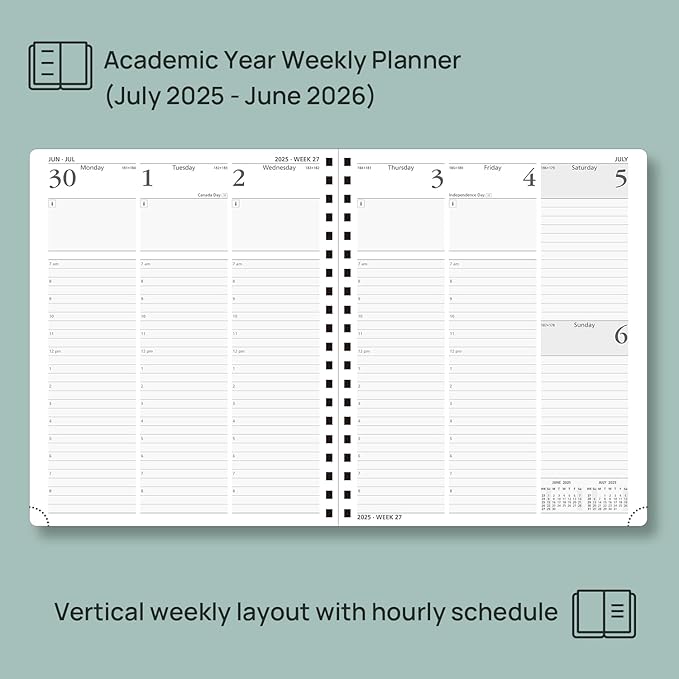 POPRUN Planner 2025-2026 (Large - 8.5'' x 10.5'') Academic Weekly Calendar (July 2025 - June 2026) with Hourly Time Slots, Monthly Tabs, 100GSM Thick Papers, Spiral Leather Cover - Brown