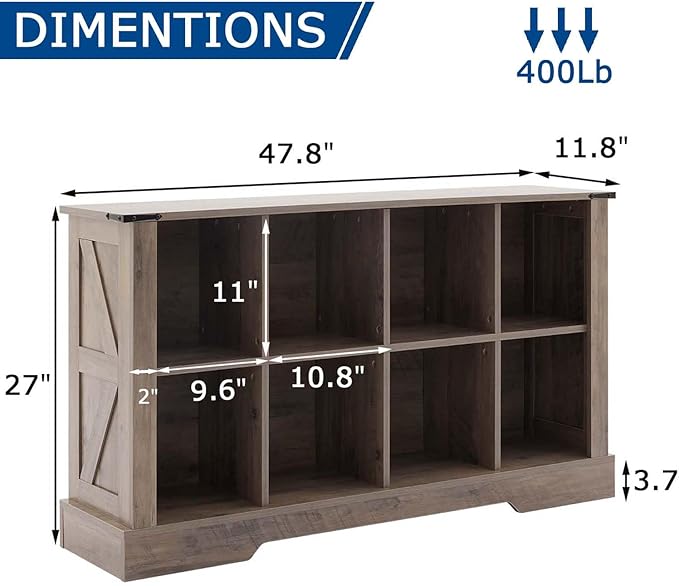 8 Cube Storage Organizer, 2 Tier Bookshelf for Living Room, Farmhouse Bookcase with Led, Kids Toy Storage Cabinet, Wall Cubby Shelves for Home Decor, Wood Display Cabinet for Bedroom, Grey
