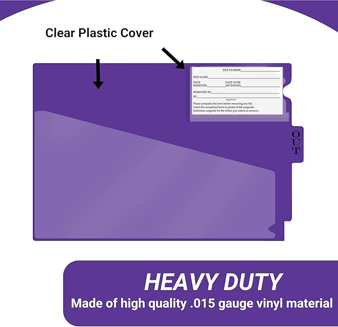 Doctor Stuff - Center Tab Vinyl Outguides, Diagonal Cut Front Pocket, Top Charge Out Slip Pocket, Plastic File Folder, Letter Size 9" x 13-1/4", Purple, 25/Box