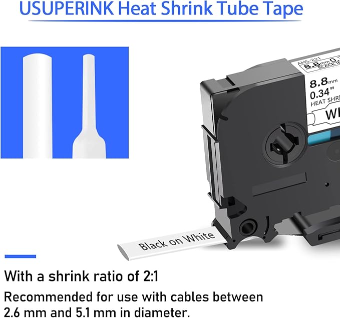 USUPERINK 5 PK Compatible for Brother Ptouch HSe-221 HSe221 HS-221 HS221 8.8mm Black on White Heat Shrink Tube Label Tape use in PT-D210 PT-D400 PT-E300 PT-E500 PT-P750WVP Label Maker (0.34''x 4.92ft)