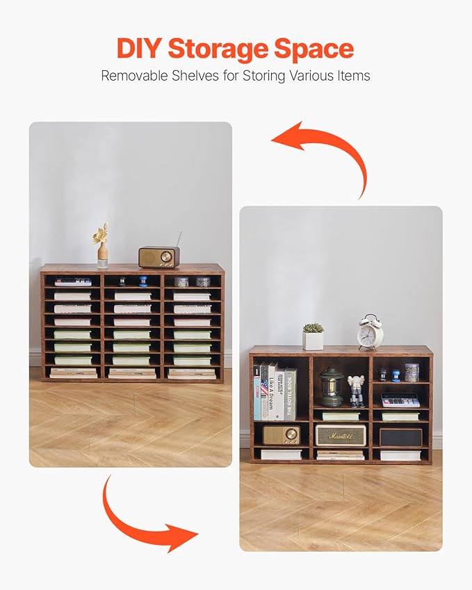 VEVOR Literature Organizer, 24 Compartments Office Mailbox with Removable Shelves, Wooden Mailbox Sorter Particle Board Office Home Classroom Storage, File Sorter for Documents, Papers, Retro Brown