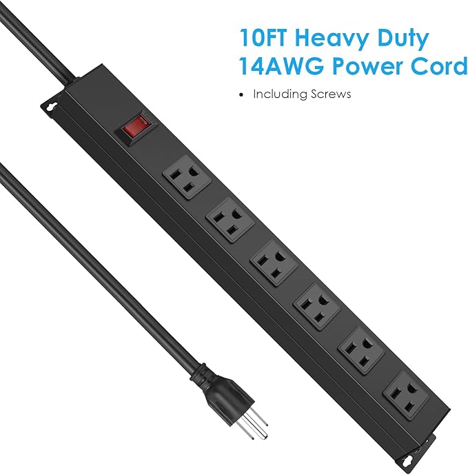 Metal Wall Mount Power Strip, Mountable Power Outlet with 6 AC Outlets, Aluminum Alloy Mount Power Socket with Switch, 10 FT SJT 3/C 14AWG Power Cord, 15A 125V 1875W (6AC) Black