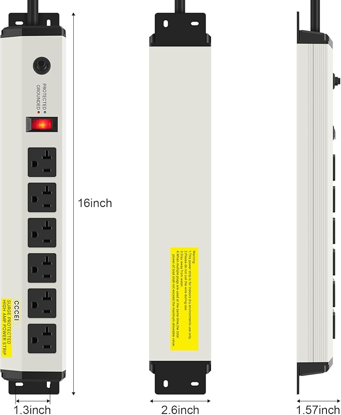 CCCEI 12 Gauge Heavy Duty Power Strip Surge Protector 4800J, 20 Amp 6 Plug Industrial Shop Garage Metal Multiple Outlets, 6 FT Extension Cord 5-15P Adapter High Amp 6-20R T-Slot 20a for Appliance.