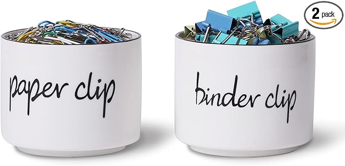 ONTUBE Ceramic Paper Clip Holder and Binder Clip Holder Set Dispenser Organizer for Desk (White)