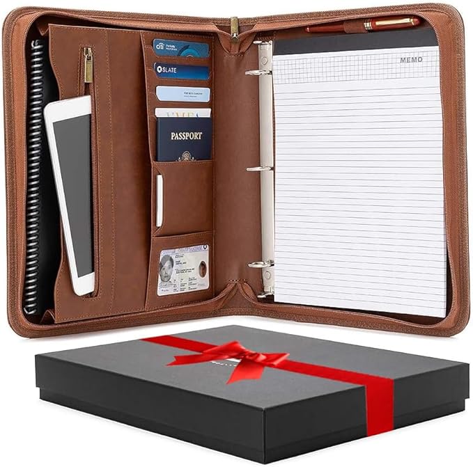 Forevermore Portfolios Padfolio Binder - Professional Faux Leather Travel Organizer Pouch for Tablet, Documents, Presentation Folders, Zipper Closure, Removable 3-Ring Notepad - Brown