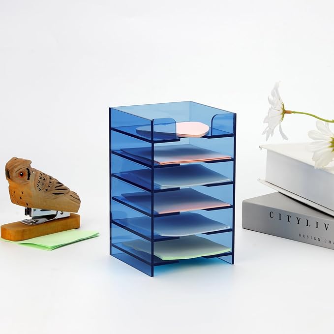 Acrylic Sticky Note Holder 6-Tiers, Sticky Note Organizer for Desk Colorful, Desktop Multiple Self Stick Note Pad Holder for Office Home School Desk Accessories Stationery Supplies, Blue