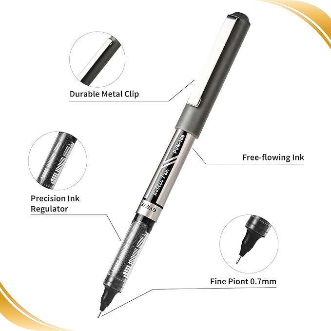 EYEYE Black Rollerball Pens 0.7mm Needle Tip 12 Pack, Medium Point Pen Quick Dry, Liquid Ink Pens Fine Point Smooth Writing Pen for Journaling, Note Taking, Office, School Supplies