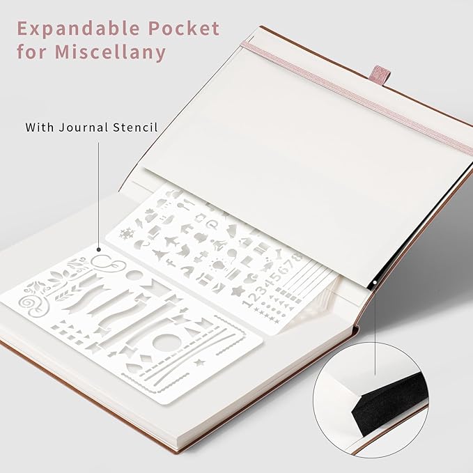 AHGXG Bullet Dotted Journal - Dot Grid Notebook Journal, 120 GSM Thick Acid-Free Paper, Large B5 Dotted Notebook 96 Pages, Leather Softcover, Inner Pocket, Journal Stencil, 7.6'' X 10'' - Rose Gold