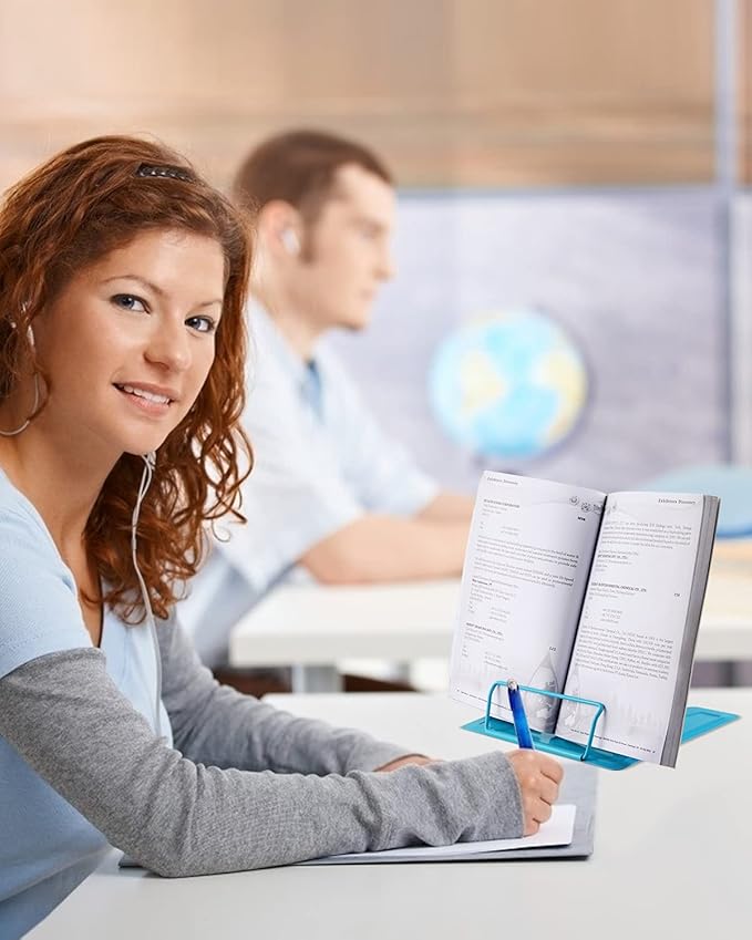 MSDADA Book Stand Metal Reading Rest Book Holder Adjustable Cookbook Documents Holder Portable Sturdy Bookstands for Recipes Textbooks Tablet Music Books with Page Clips (Sky Blue)