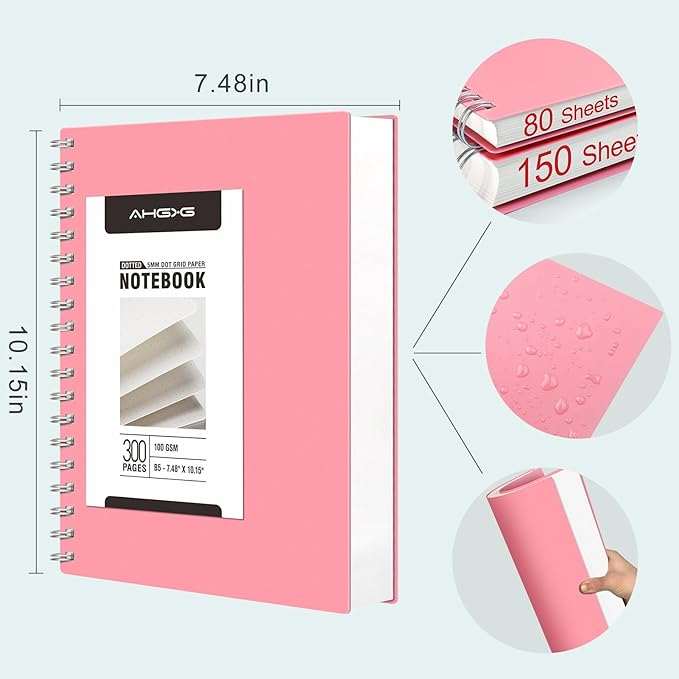 AHGXG Bullet Dotted Journal Spiral Notebook - 300 Pages Dot Grid Notebook B5 Thick Journal, 100GSM Thick Dotted Paper, Plastic Hardcover, with Journal Stencils, 7.3"X 10" - Pink