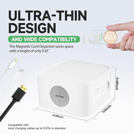 12 White Magnetic Cable Clips,Under Desk Cable Management,Cord Holder for Nightstand Home Office Car Phone Wall,2025 Adhesive Cord Organizer[0.45" in Ht Save Space/Versatile for Wire Up to 0.27" OD]