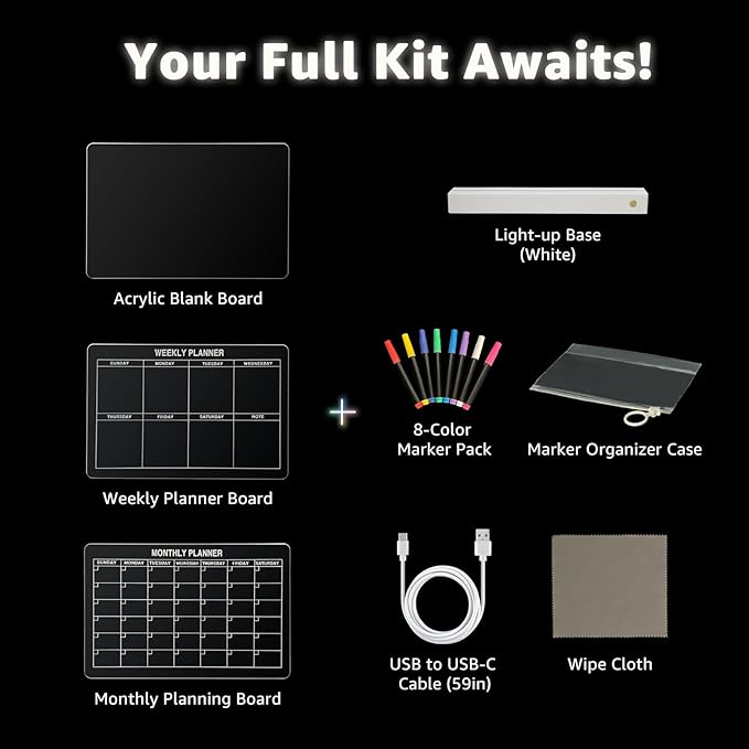 LED Note Board with 8 Colors，Acrylic Dry Erase Board with Light, Clear Monthly/Weekly Calendar, Led Drawing Board for Kids with Stand, 8 Markers, Adapter, Soft Cloth, Holiday Trend Gift (White)