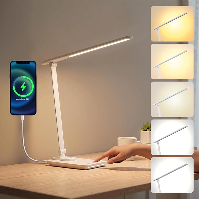 TECHNOVA LED Desk Lamp with 5 Color Temperatures | Sliding Stepless Dimming & One-Touch Timer | Foldable & Portable Design for Office/Study/Nail Art | USB Charging & Four-Axis Rotation for Small Desks