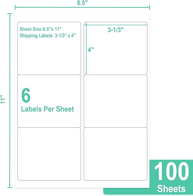 L LIKED 3-1/3" x 4" 600 Labels, Printable White Sticker Labels, Laser/Inkjet Printing - Matte, 100 Sheets