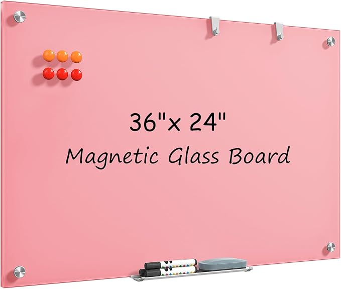 MaxGear Glass White Board 36x24, Pink Wall Mounted Magnetic Glass Dry Erase Board, Large Frameless Whiteboard with 1 Eraser,3 Markers and 6 Magnets for Office, School, Home