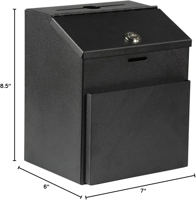 Suggestion Box with lock and keys Lock Metal Wall Mounted Ballot Box, Steel Donation and Collection Drop Box with wide Slot, 8.5H x 6W x 7.3L Inch office comment box with front wide pocket