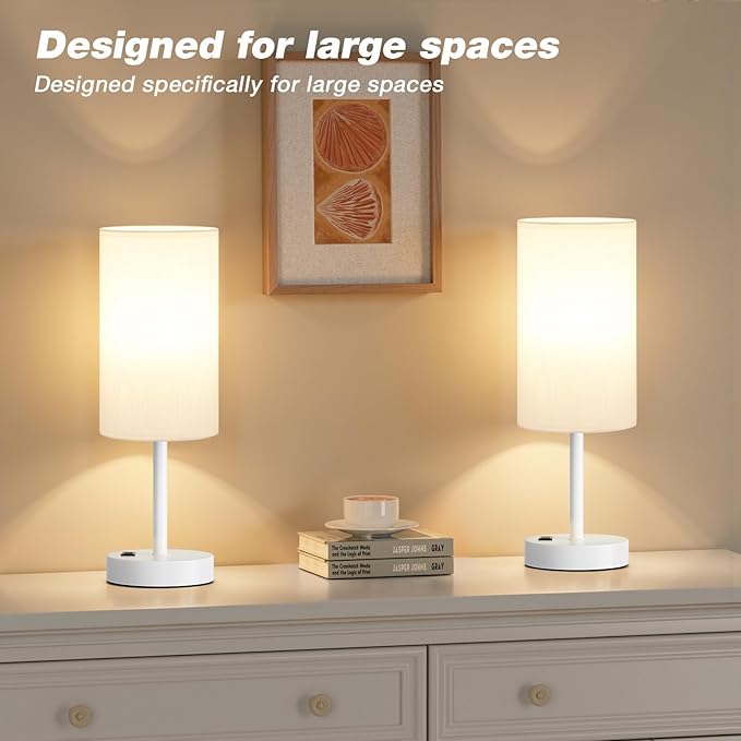 Fenmzee White Nightstand Bedroom Lamp - 3 Way Dimmable Bedside Lamp USB C A Charging Ports and AC Outlet, Small Table Lamp Linen Lampshade for Office Desk