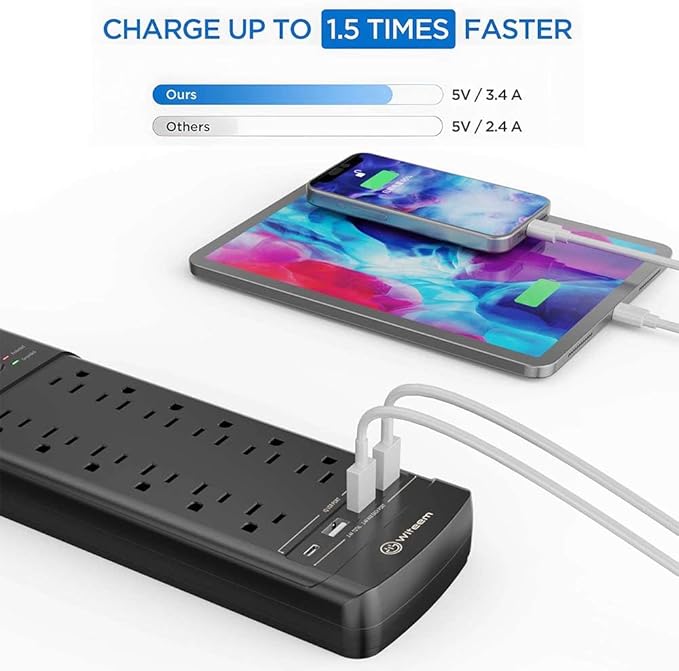 Surge Protector Power Strip - 12 Outlets,3 USB+USB-C 3.4A Ports, 6Ft Extension Cord, 1875W/15A, 4360Joules, Overload Protection - Ideal for Home & Office Use (Black-USBC)