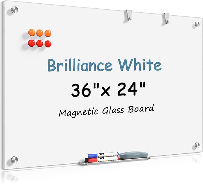 MaxGear Glass White Board 36x24 Inches Brilliance White Magnetic Dry Erase Board Wall Mounted Whiteboard, Large Frameless Whiteboard with 1 Eraser,3 Markers and 6 Magnets for Office, School, Home