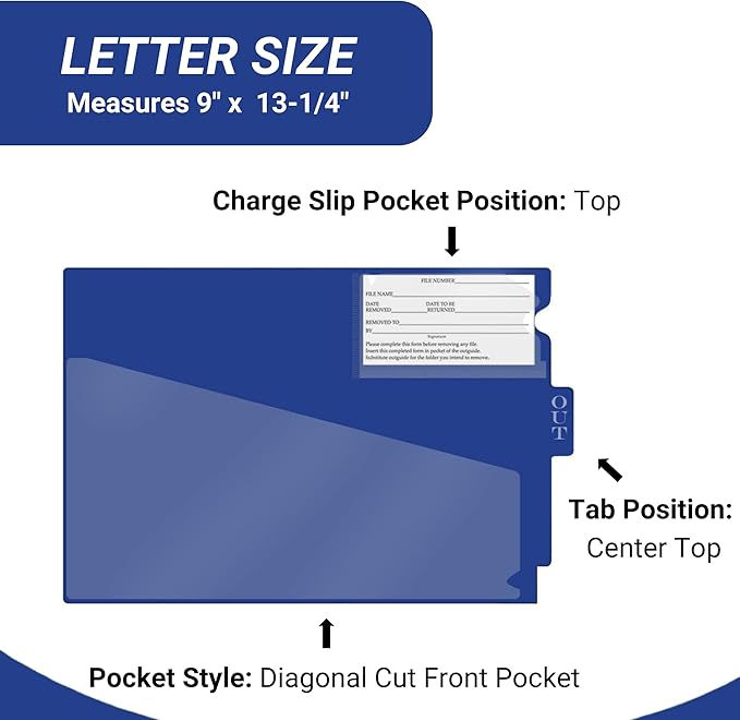 Doctor Stuff - Center Tab Vinyl Outguides, Diagonal Cut Front Pocket, Top Charge Out Slip Pocket, Plastic File Folder, Letter Size 9" x 13-1/4", Navy, 50/Box