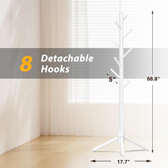 Wooden Coat Rack, Free Standing Coat Rack with 8 Hooks 3 Adjustable Heights for Clothes, Hats, Handbags, Coat Tree Easy Assembly for Entryway, Bedroom, Hallway, Office(2PCS)