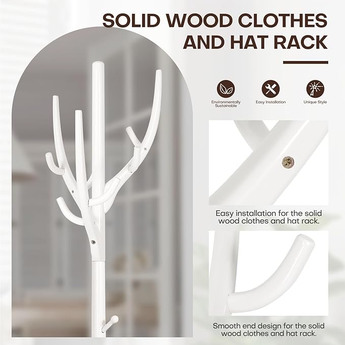 Coat Rack Freestanding, Wooden Coat Rack Stand with 16.5" Round Base, Tree Branch-look, 72" Coat Tree Standing Heavy Duty Clothes Hanger with 12 Hooks for Corner Entryway, White