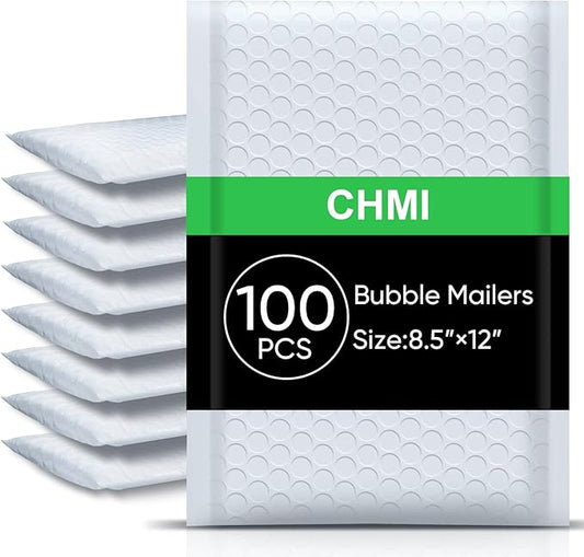 CHMI White Bubble Mailers 8.5 x 12 Inch 100 Pack, Usable Size 8.25X12 Inch Poly Mailers,Mailing Envelopes,Shipping Mailer，Opaque Self Seal Adhesive Waterproof Bags for Packaging and Shipping.