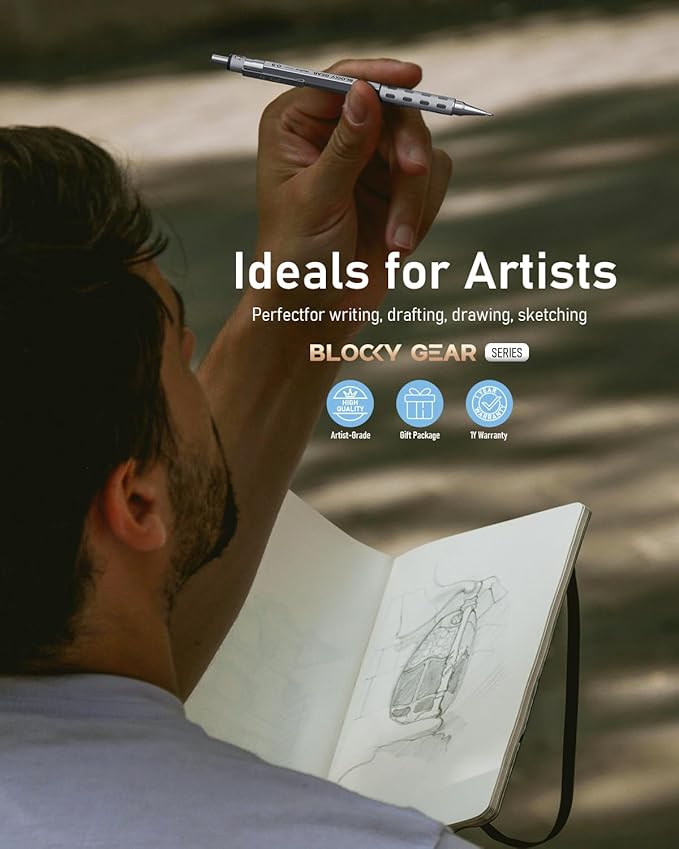 Nicpro Blocky Gear 0.5 mm Mechanical Pencil Set in Case, Metal Pencil with Lead Refills, Eraser for Professional & Adult Art Writing Drafting Drawing