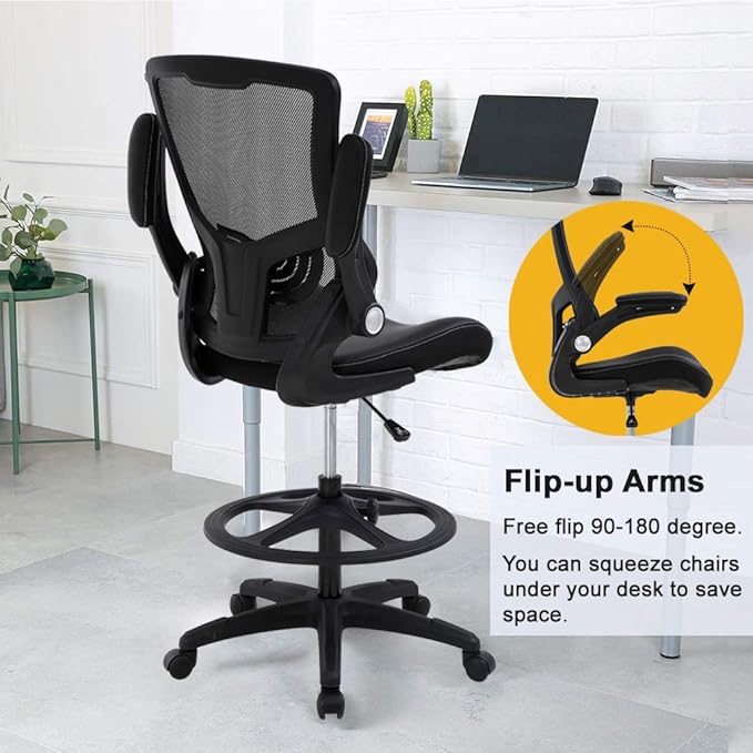 Drafting Chair Ergonomic Tall Office Chair Standing Desk Chair with Flip Up Arms Foot Rest Back Support Adjustable Height Mesh Drafting Stool, Black