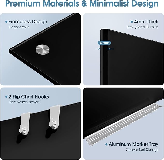 MaxGear Glass White Boards 72x48 Inches, Wall Mounted Magnetic Glass Dry Erase Board Black, Large Frameless Whiteboard with 1 Eraser,3 Markers and 6 Magnets for Office, School, Home