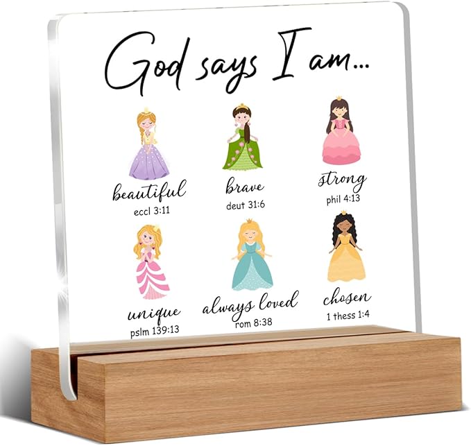 Princess Gifts for Girls, Princess Acrylic Plaque Room Decor for Girl Bedroom, Inspirational Gifts for Teen Girls, God Says Quotes Desk Signs Decor 4 × 4 Inches