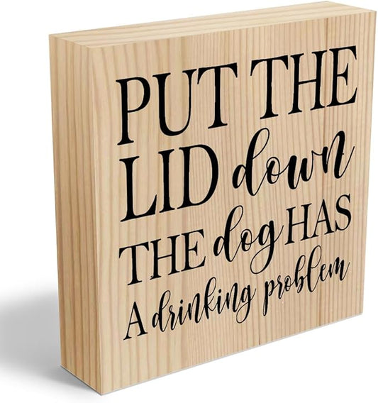 Funny Bathroom Quotes Dog Decor Home Toilet Humor Wooden Box Sign for Bedroom Dining Room Farmhouse Tabletop Bookshelf Wall Decor Wood Color
