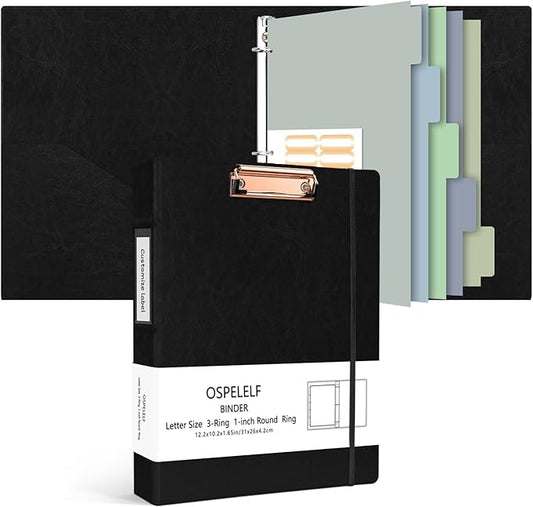Ospelelf 3 Ring Clipboard Binder 1 Inch Leather for Letter Size (8.5" x 11"), Clipboard Binder with 5 Tab Dividers, Black