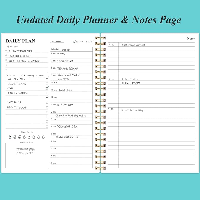 Daily Planner Undated - B5 To Do List Notebook Hourly Schedules, Spiral Appointment Planner for Women and Men, PVC Hardcover, Inner Pocket, Elastic Closure, 7" x 10", Teal Flowers