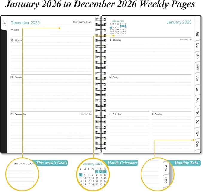 2026 Planner - Weekly and Monthly Calendar Planner from Jan 2026 - Dec 2026, Planner 2026 Spiral Bound with 12 Monthly Tabs, Inner Pocket, Perfect for School Office Supplies, 6.4" x 8.5", Black-C