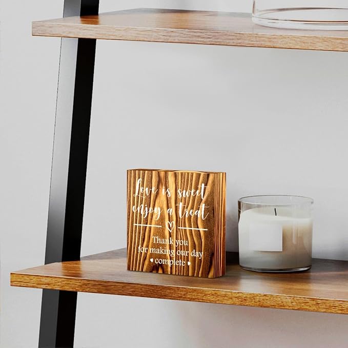 Love is Sweet Enjoy a Treat Wooden Box Sign Decorative Wedding Party Dessert Table Wood Box Sign Home Decor Rustic Square Desk Decor Sign for Shelf Burlywood