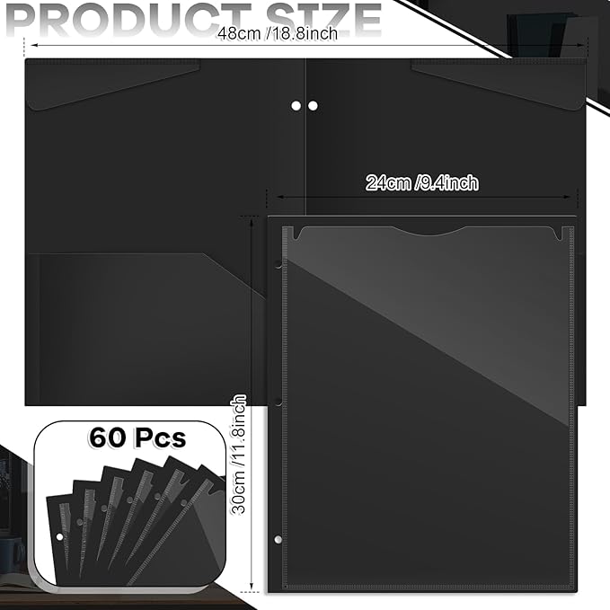 Henoyso 60 Pcs 2 Pocket Plastic Folders with Clear Front Pocket 3 Hole Punched File Folder Letter Size Take Home Documents Holder for Paper Holder Office Business Back to School Supply (Black)