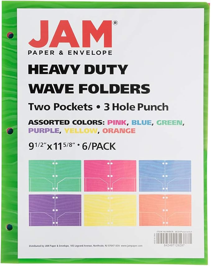JAM PAPER Heavy Duty Plastic 3 Hole Punch Pocket Folders - Extra Tough School Folders - Assorted Wave Colors - 6/Pack