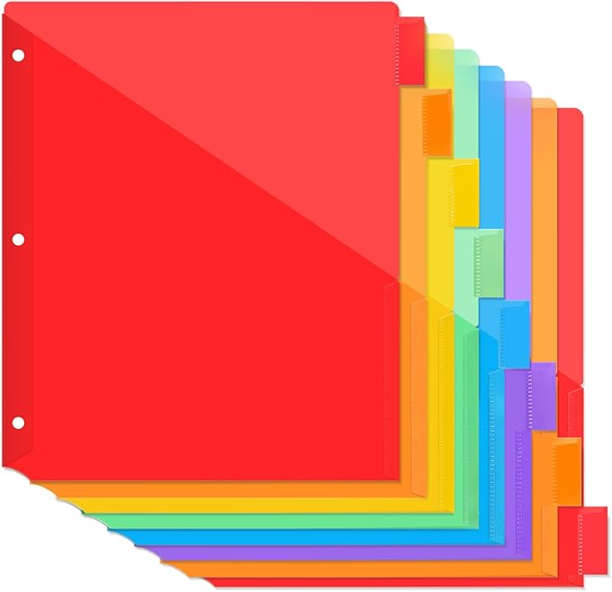 SUNEE 8 Tab Dividers with Pockets, Plastic Dividers for 3 Ring Binder, Subject Dividers with 2 Pockets, Binder Dividers for School Office Home Supplies, Multicolor, 1 Set