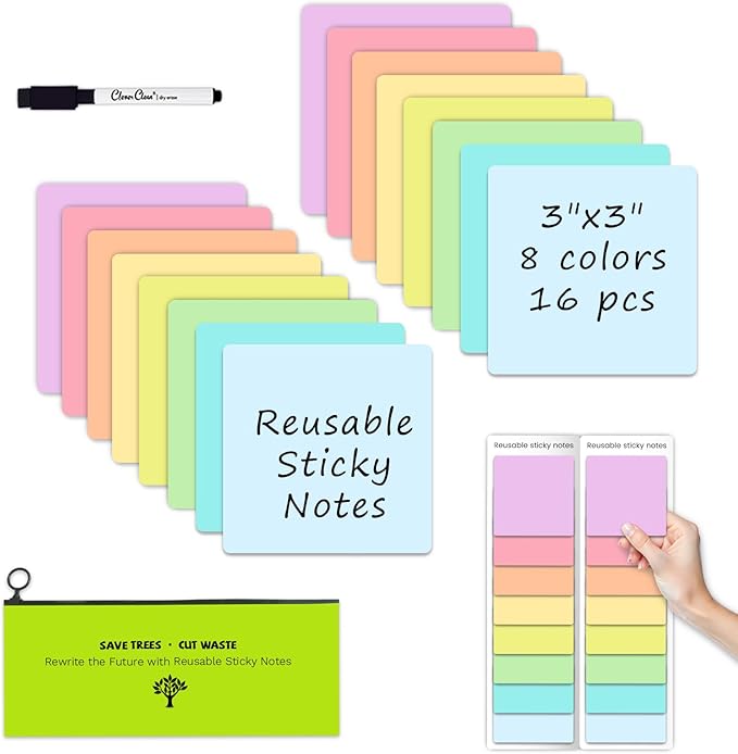 Dry Erase Sticky Notes - 16 Pcs, 8 Vibrant Colors, 3"x3" Whiteboard Stickers for Labels, Lists, Notes, Reminders - Restickable and Washable