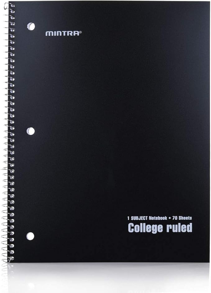 Mintra Office Spiral Notebooks - 1 Subject, Poly Cover, 70 Sheets, College Ruled, 8in x 10in, Bulk Pack, Primary Color Waterproof Covers, Set of 6 - for School, Office, Business, Professional (04659)
