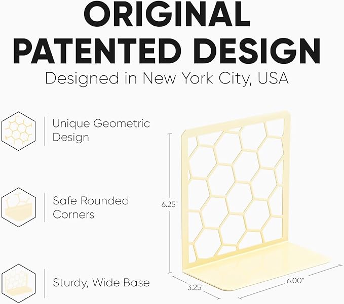 GEOMOD Geometric Honeycomb Yellow Metal Bookends Decorative - Tall Sturdy Book Ends for Shelves - Modern Heavy Duty Bookend Stopper - Office or Home Book Shelf - 6x3.25x6.25 Inches - 1 Pair