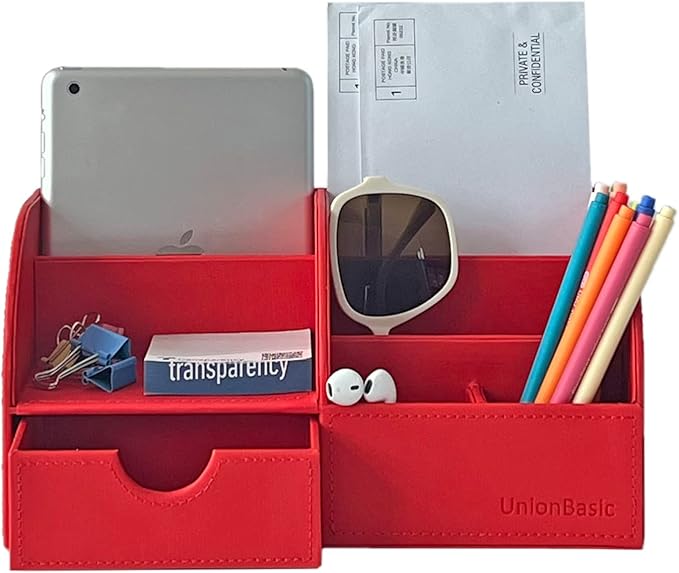 UnionBasic Desk Organizer - Multifunctional Leather Desktop Pen Holder Storage Box - Business Card/Pen/Pencil/Mobile Phone/Stationery Holder, Red