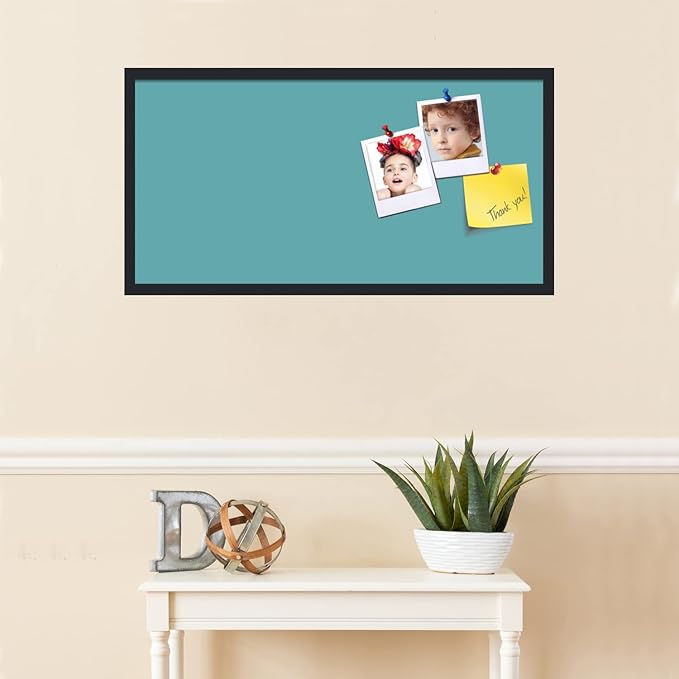 PinPix 36x18 Inch Cork Bulletin Board. This Decorative Framed Pin Board Comes with Aqua Pastel Design and a Satin Black Frame. Ideal for Home Office Decor or Message Board (PinPix-1806)