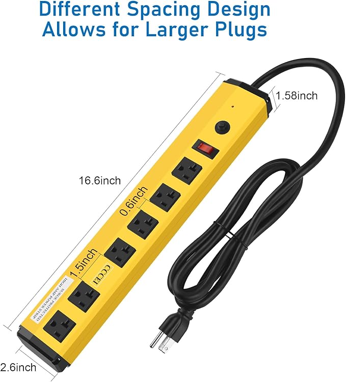 CCCEI Heavy Duty Power Strip Surge Protector 20 Amp, High Amp Industrial Shop Garage Metal Multiple Outlets, 4 FT 12 Gauge 5-15P Extension Cord 6 Outlet 6-20R T-Slot 20a for Appliance, Yellow.