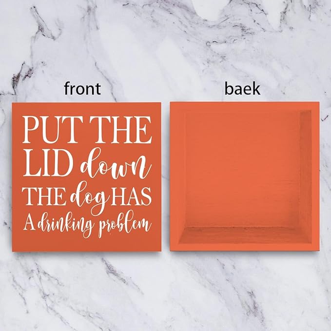 mmiishe Funny Home Decor for Bathroom, 'Put The Lid Down, The Dog Has A Drinking Problem' Sign, Rustic Wooden Decorative Sign, 5 x 5 Inches