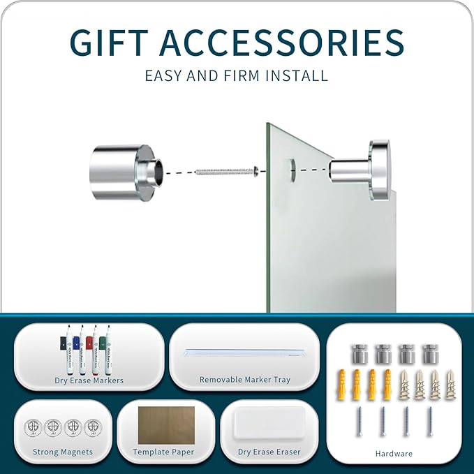 Magnetic Whiteboard, Glass Dry Erase Board 4' x 3' White Surface, White Board Frameless, Home School Supplies or Home Office Decor with Magnets, Markers, Eraser, Marker Tray